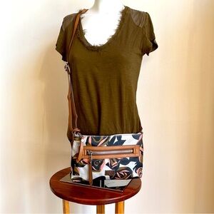 Fossil Floral Canvas Crossbody Bag with Tan Accents